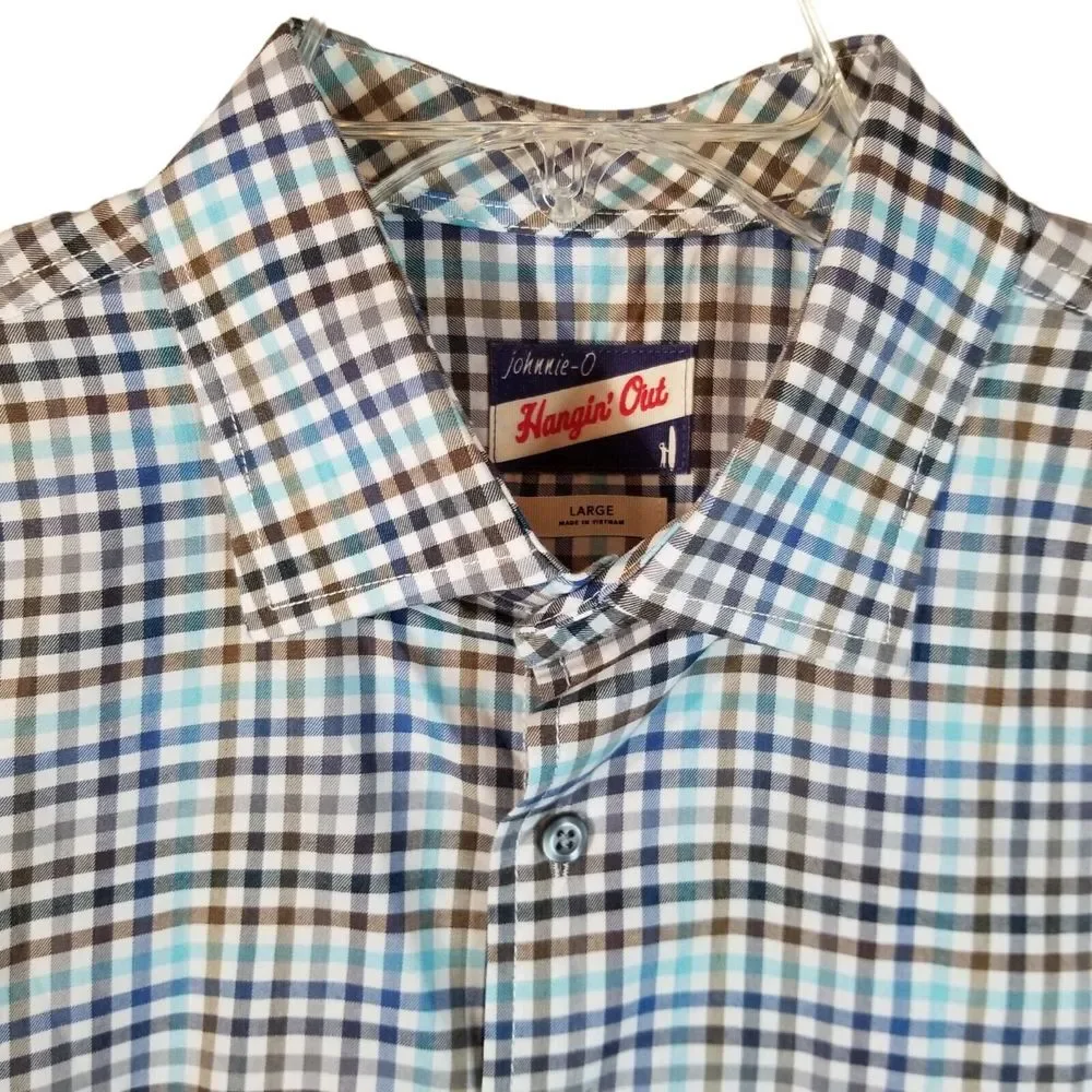 Johnnie O Hangin Out Shirt Mens Large Blue Gray Plaid Surf Button Up Long Sleeve - Picture 3 of 11